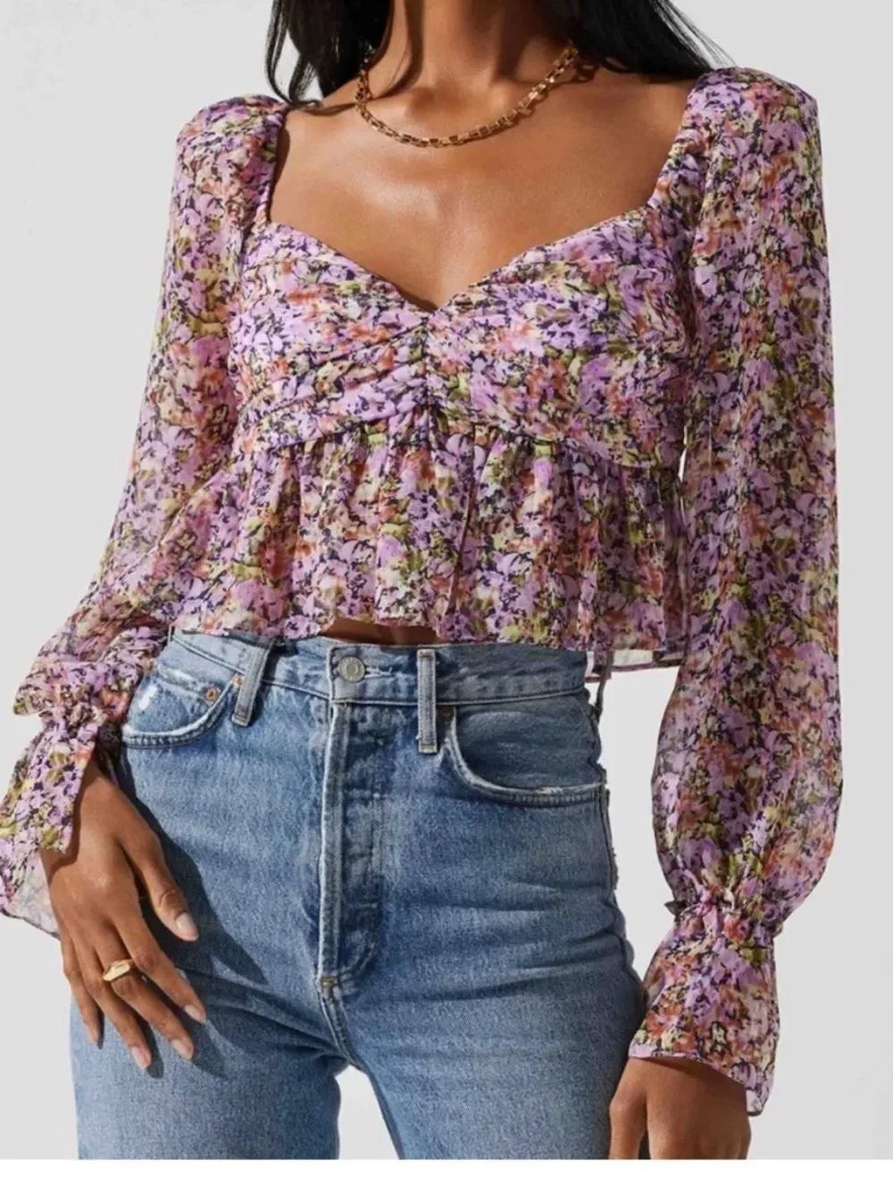 Astr Lavender Floral Puff-Sleeve Cropped Blouse size small